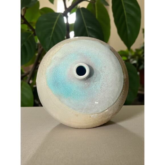Signed Studio Pottery Bud Vase-Crackle Celadon Drip Glaze Stoneware-Modern-Boho - Picture 5 of 8